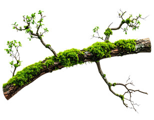 Fototapeta premium Moss-Covered Tree Branch Isolated on White Background PNG
