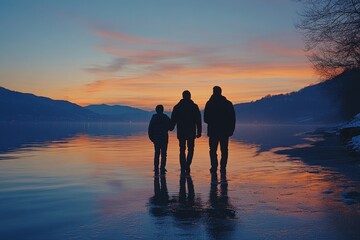 Father and son on a walk outdoors at dusk, standing on a beach and enjoying time together during a quiet moment in nature, Generative AI