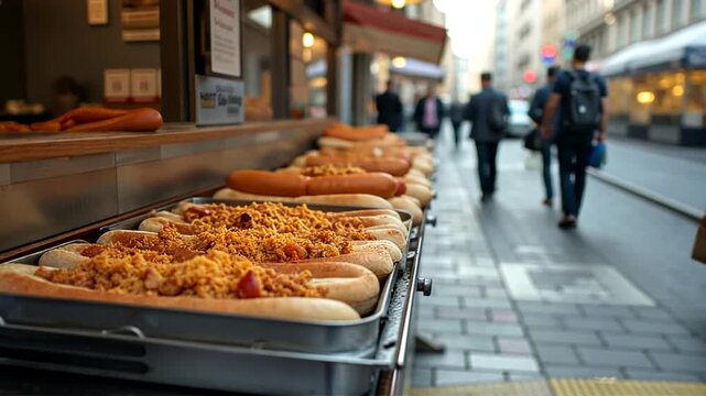 Street vendor selling gourmet hot dogs topped with various ingredients in a bustling urban setting
