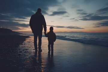 Father and son on a walk outdoors at dusk, standing on a beach and enjoying time together during a quiet moment in nature, Generative AI