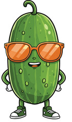 Funny Cool Cucumber Cartoon – Vegetable Character with Sunglasses – Confident Pose – Hands on Hips – Fun Lifestyle Illustration