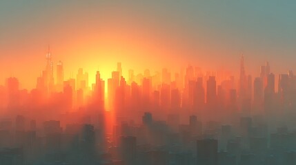 Fototapeta premium Scorching summer heat casts a golden glow over the city from rooftop view