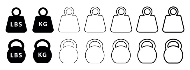 Weight Icon Set - Kilogram and Kettlebell Symbols in Flat and Outline Vector Illustration