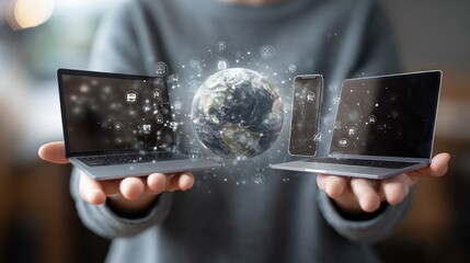 Person holding digital devices with a globe in between, connected by network icons