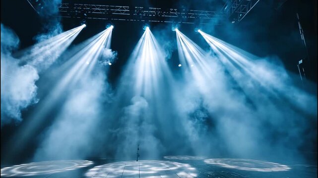 Powerful blue stage lights cutting through concert fog in moody dark setting. 