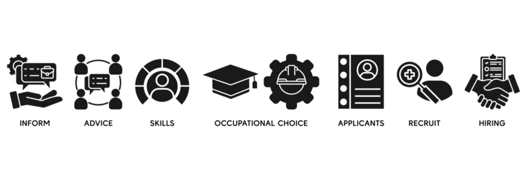 Job fair icon set vector illustration concept relate to employee recruitment and onboarding program with an icon of the information, advice, skills, occupational, applicants, recruit, and hiring