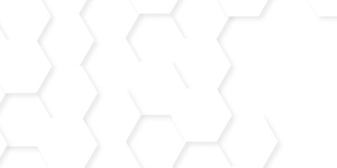 Fototapeta premium Abstract white hexagon geometric science and mosaic tile with template texture background. Minimal white hexagonal hexagon modern technology creative emboss light honeycomb polygonal web. 