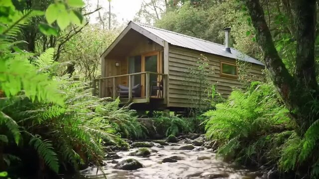 A small, light-wood cabin nestled beside a babbling brook in a lush forest
