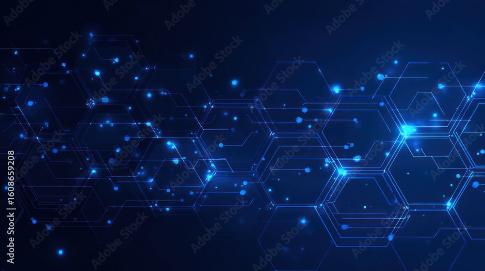 Poster glowing blue hexagons and lines on a dark backdrop create a tech-like abstract