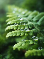 Lush fern frond glistens with dew drops in a serene natural macro shot of delicate foliage and moisture.