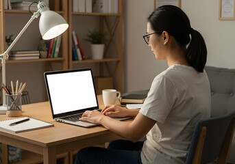 Asian adult typing working remotely online on training educational webinar chatting at home office using laptop computer looking at mockup empty screen. Over shoulder view.