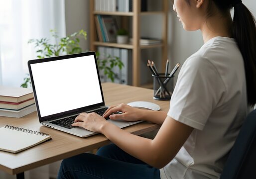 Asian adult typing working remotely online on training educational webinar chatting at home office using laptop computer looking at mockup empty screen. Over shoulder view.