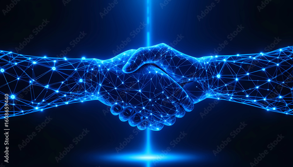 Poster digital handshake illuminated with blue light and network connections on a dark background