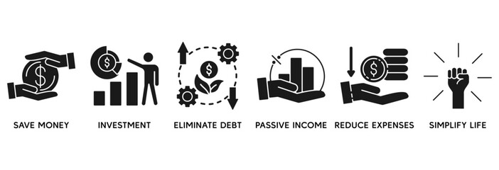 Financial freedom icon set vector illustration concept relate to save money, investment, eliminate debt, passive income, reduce expenses, simplify life