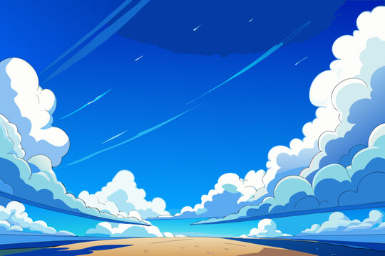 Anime Sky Background with Puffy Clouds and Cel Shading