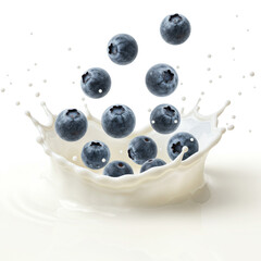 Blueberries Splashing into Milk on White Background