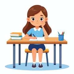 A young girl with brown hair sits at a desk, writing in a notebook with books and pens nearby.