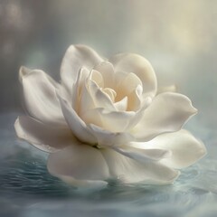 Fototapeta premium A single, perfect gardenia blossom, white and fragrant. Flower photography, elegant. Soft, diffused light, pure and romantic mood. Floating in a bowl of water. High detail.