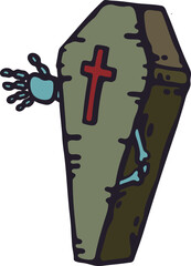COFFIN STANDING UP WITH A CROSS ON THE LID AND A HAND WITH BONES COMING OUT OF THE COFFIN