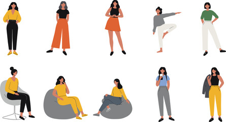 Modern Female Character Set in Everyday Poses – Lifestyle Illustration for Branding, UI Design, Fashion, Tech, and Social Media