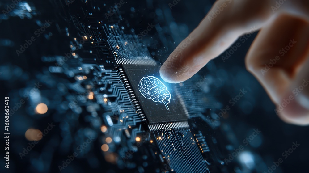 Poster macro close-up of a fingertip touching glowing brain-shaped icon on a circuit board