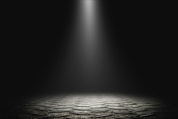 White light on stage night shines down on the smoky steel floor background.
