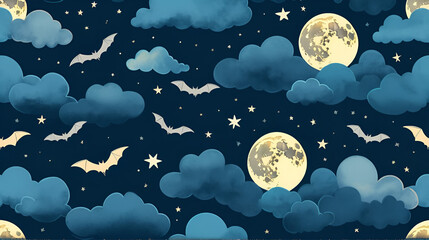 In this whimsical night sky pattern, bats swoop gracefully over stylized moons and clouds. Nocturne. Illustration