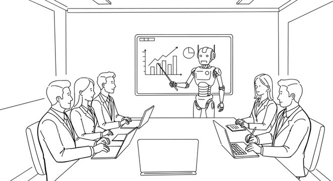 Robot presenting analytics to business team during meeting in futuristic conference room using AI and modern technology tools