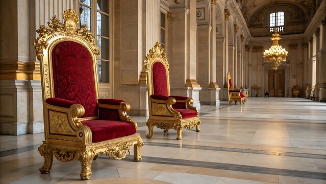 Ornate red velvet and gold throne chairs in grand hall