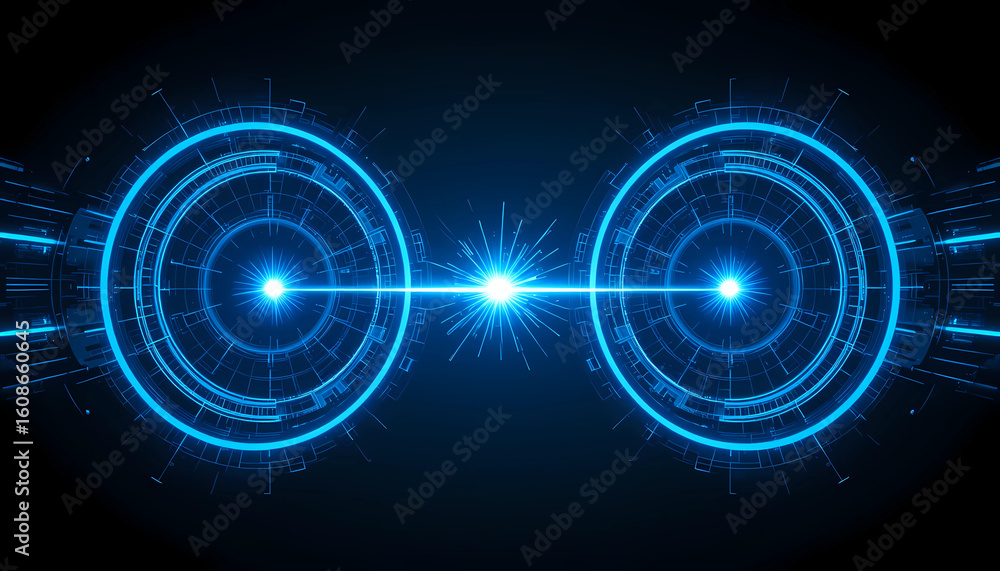 Poster abstract technology background with glowing circles and a central bright light connecting them