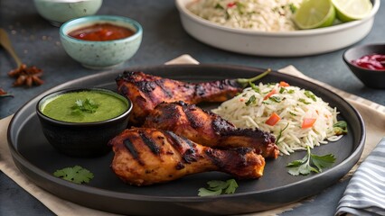 Delicious grilled chicken drumsticks served with rice and mint chutney on a dark plate