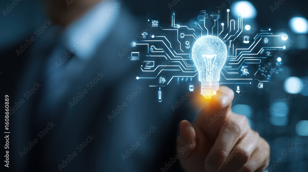 Poster a man points towards a bright, glowing lightbulb surrounded by circuit board graphics