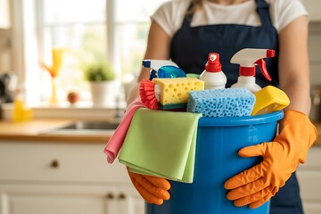 Person holding cleaning supplies bucket with sponges and cloths image