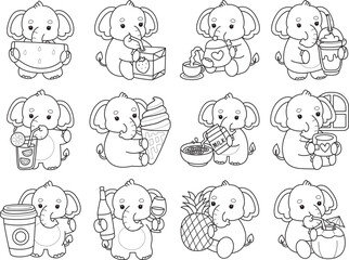 Cute Elephant icon. Funny baby Elephant animal series stock illustration. Life of fluffy Elephant designs.  
Coloring pages of Funny baby Elephant.