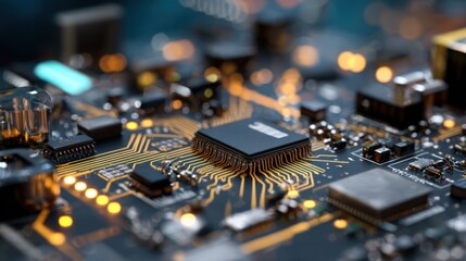 Microscopic view of electronic circuit board with processor and numerous integrated components