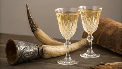 Two crystal goblets filled with golden liquid and ornate drinking horn