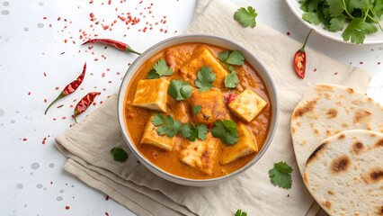 Delicious paneer butter masala served with naan bread and garnished with fresh cilantro and dried chilies