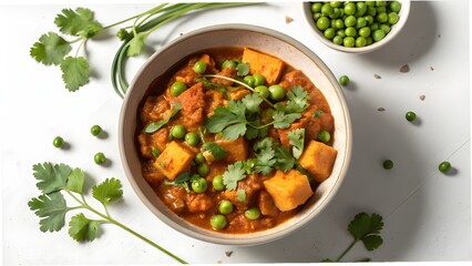 Delicious indian sweet potato and pea curry served in a bowl with fresh cilantro garnish