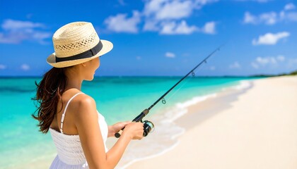 Woman fishing on beach