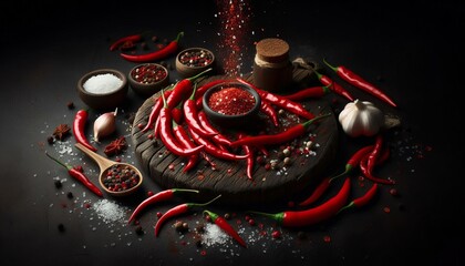 Red chili with beam on black background