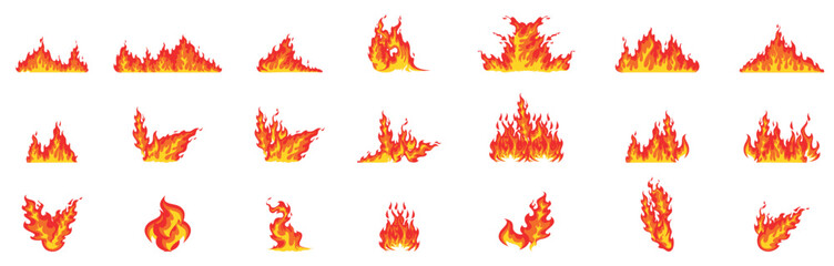 Red and orange cartoon flames burning with large flames creating a fiery border against a white background, perfect for representing heat, danger, or excitement. vector illustration