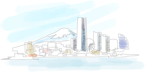 Fototapeta premium Landscape overlooking Minato Mirai 21 and Mt. Fuji painted with a single stroke and watercolors. Yokohama, Japan