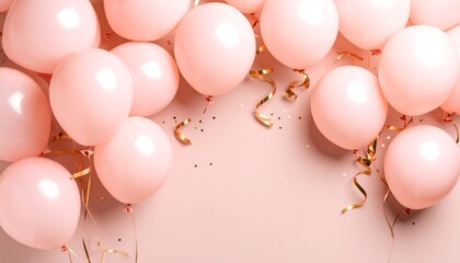 Pale pink balloons and gold confetti on a matching background