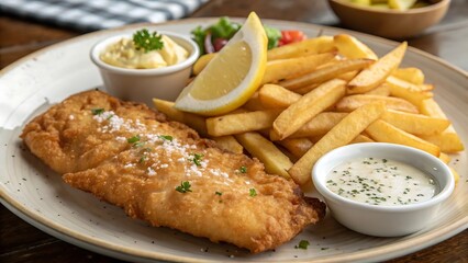 Battered fish and chips with lemon and tartar sauce