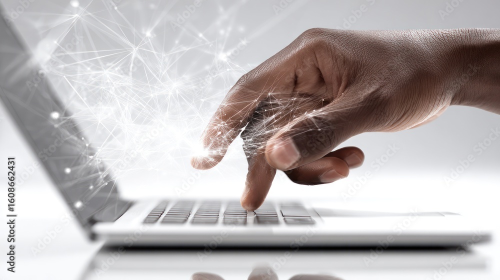 Poster hand using a laptop with digital connections, creating a modern technology scene
