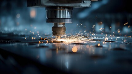 Close-up shows a laser cutting machine in operation, emitting sparks on a metallic surface