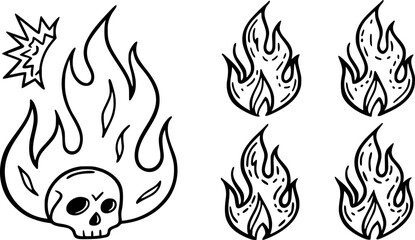 Fototapeta premium Crayon-Drawn Fire Flame Icons – Hand-Drawn Punk Rock Graffiti Doodle Stickers and Burning Vector Symbols