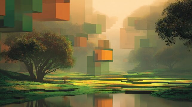 Abstract landscape painting features geometric forms in warm hues floating above a lush green ground, evoking a sense of surreal calm