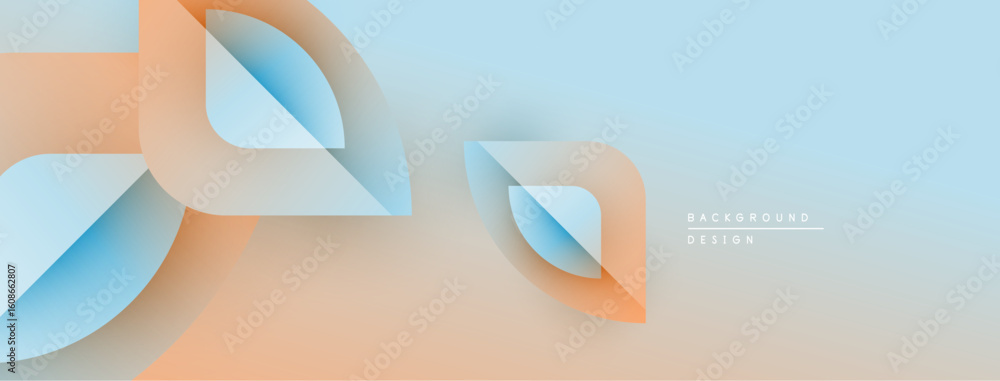 Poster abstract design features overlapping layers, soft gradients. light blue, peach tones create modern a