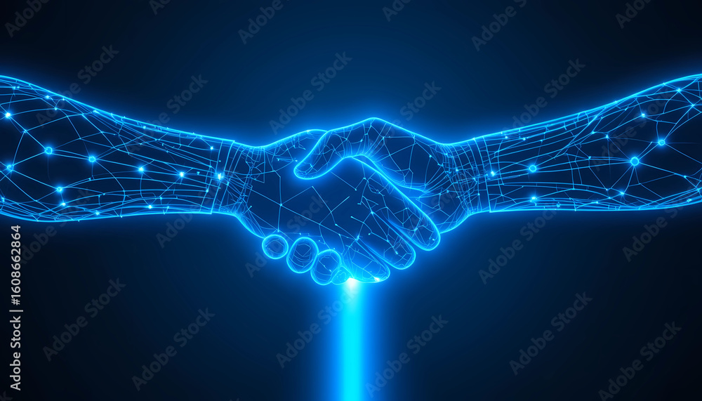Aufkleber digital handshake with glowing blue lines and dots on a dark background representing technology